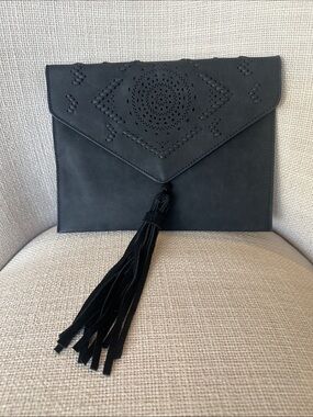 Anthropologie black envelope boho clutch tassel boho perforated bag